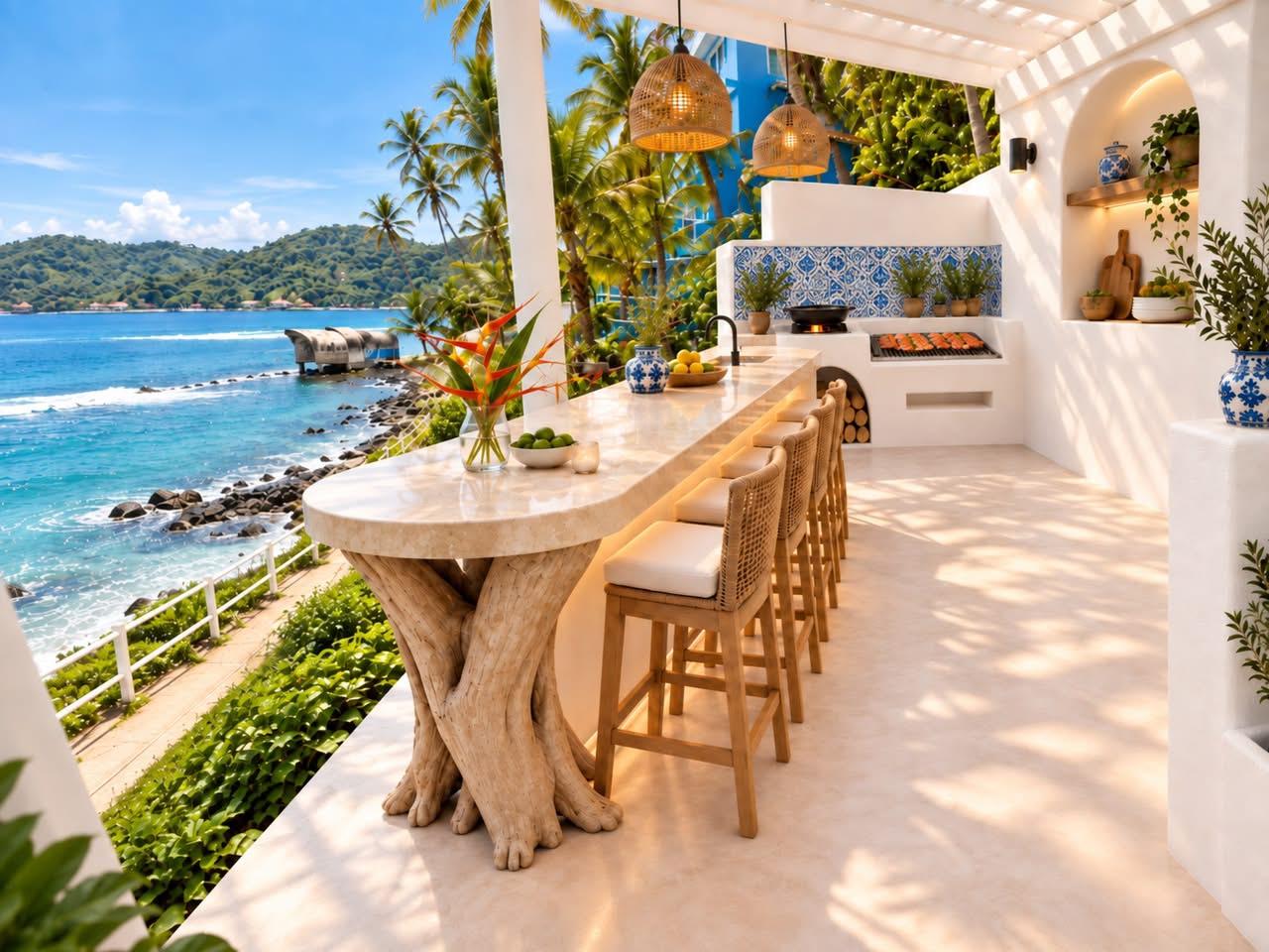 Bar y cocina al aire libre frente al mar